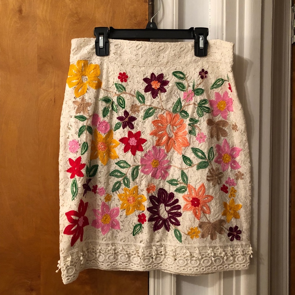 Anthropologie Floral Embroidered Skirt